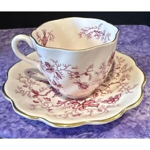 Coalport England Cairo Tea Cup Saucer Gold Trim Pink Birds Bugs Floral Vintage